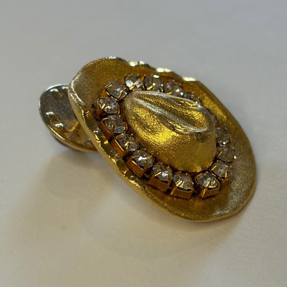 Vintage Estate Jewelry Gold Tone Cowboy Hat Pin with Rhinestones